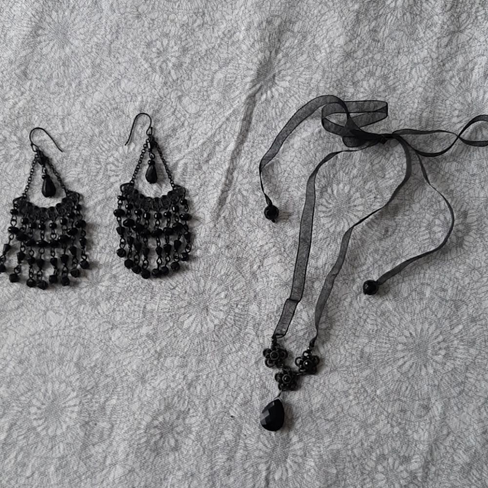Black chandelier earrings and ribbon necklace
